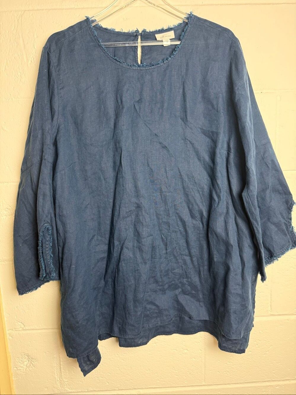 J.Jill Love Linen 2X Blue 100% Linen Frayed Trim Tunic Top Boho Lagenlook Coasta